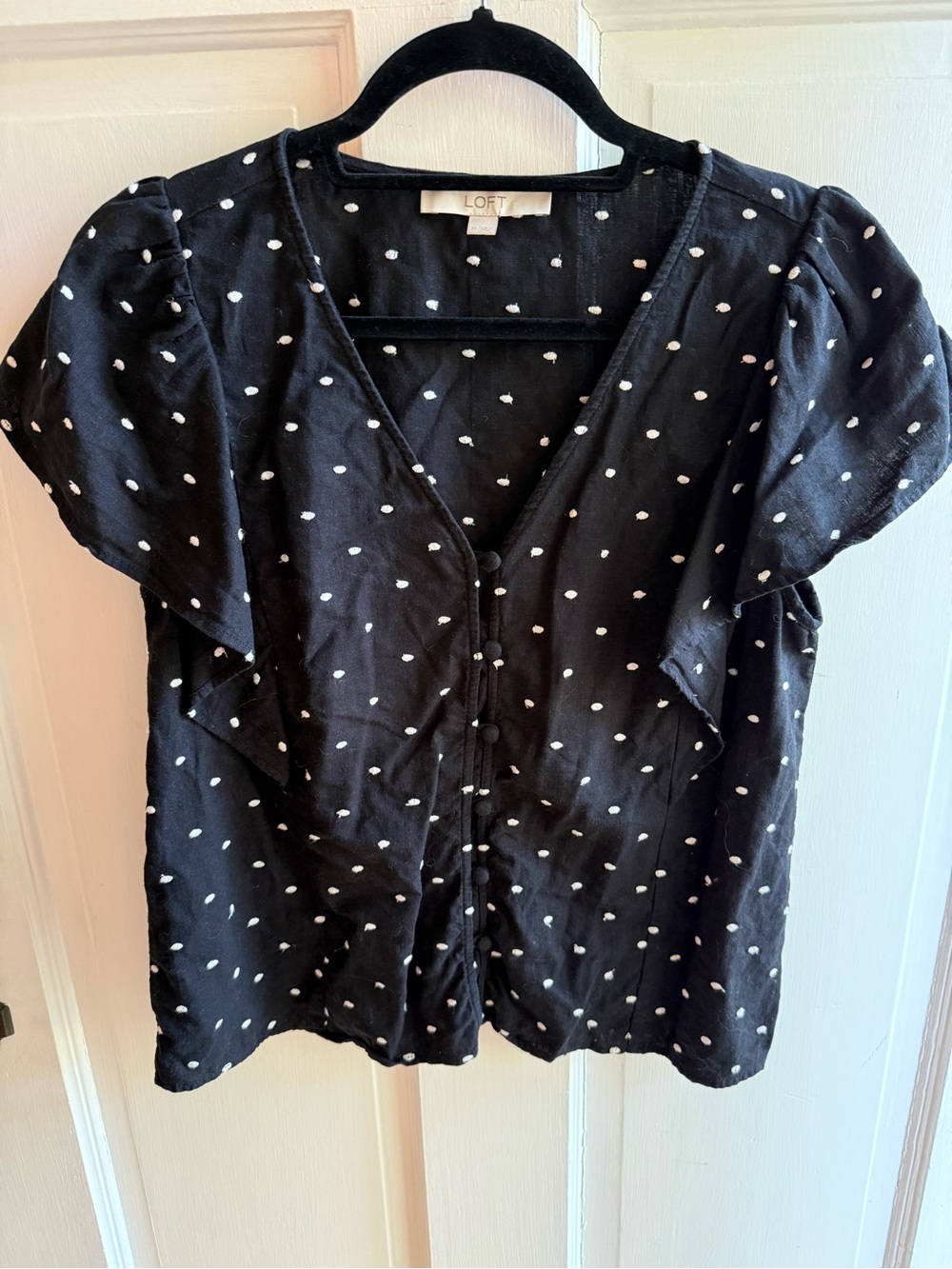 LOFT Black Polka Dot V-Neck Flutter Sleeve Blouse